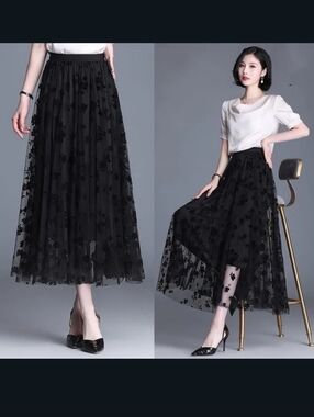 Elegant Black Velvet Floral Tulle Midi Skirt Gothic Romance Holiday Glam Party
